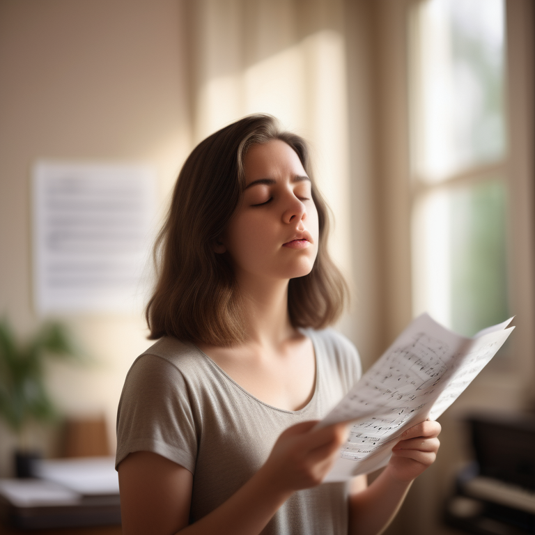 A woman with brunette hair, eyes closed, practicing singing with a tuning fork and sheet music.